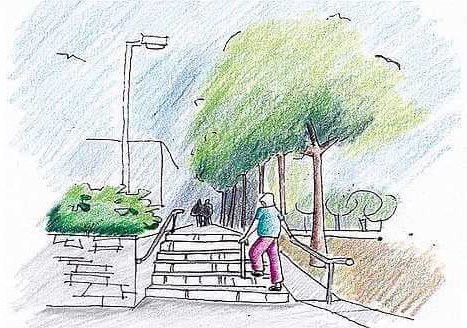 Drawing of a person climbing outdoor steps with handrails on both sides