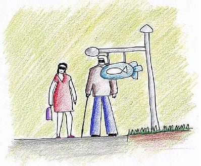 Drawing of a person using a white cane approaching a sign that hangs low and projects into the walkway, a hazard for people with low vision